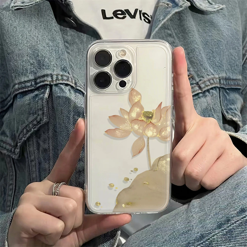 好运金色莲花苹果华为60vivo小米oppo全包创意iphone15透明手机壳