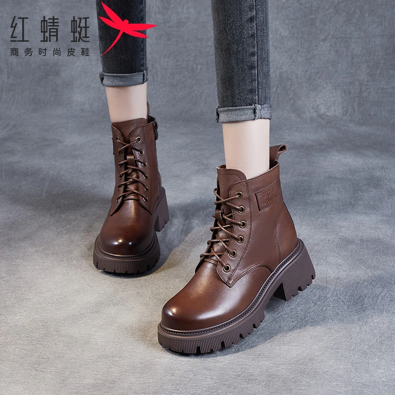 红蜻蜓马丁靴女英伦风爆款2025春秋新款头层牛皮厚底增高复古短靴