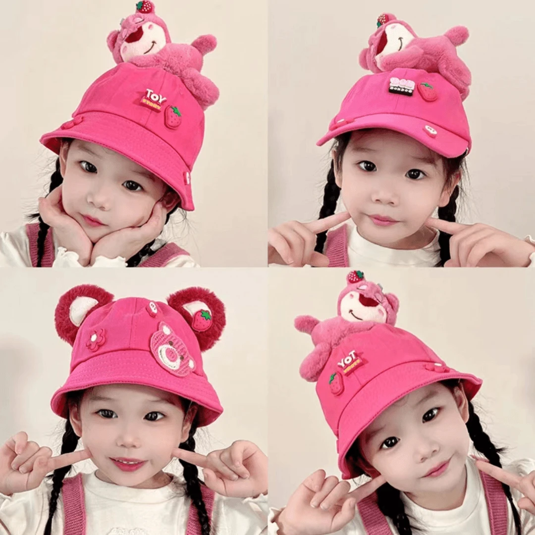儿童帽子粉色鸭舌帽女孩可爱草莓熊棒球帽宝宝渔夫帽女童防晒帽秋