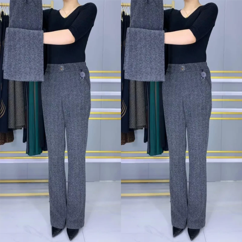高档毛呢微喇裤秋冬新款网红爆款百搭筒喇长裤高腰弹力显瘦妈妈裤