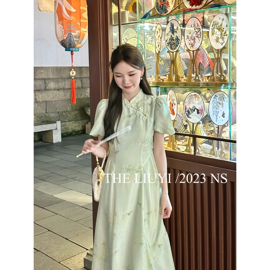 【LIUYI】只此青绿~新中式国风盘扣旗袍连衣裙36211