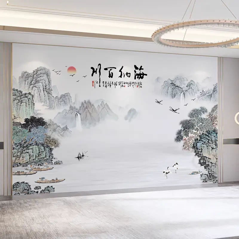 8D电视背景墙壁布中式山水画办公室海纳百川壁纸自粘客厅沙发壁画