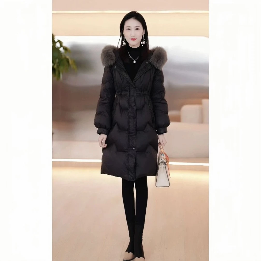 波司断码羽绒棉服中长款女2023冬季新款时尚气质毛领收腰显瘦白鸭