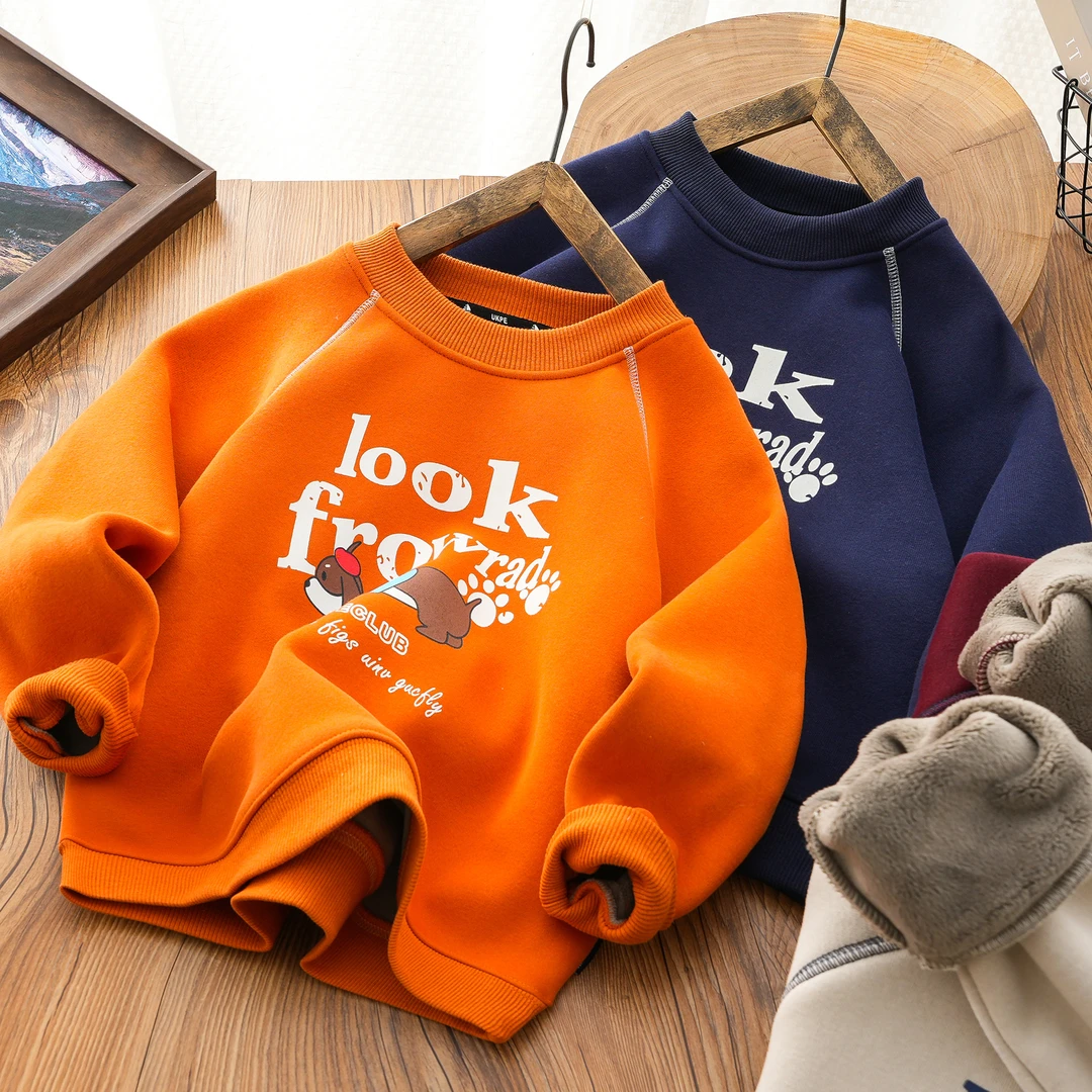 男童加绒加厚卫衣男孩一体绒卡通上衣2024秋冬儿童套头衫印花童装