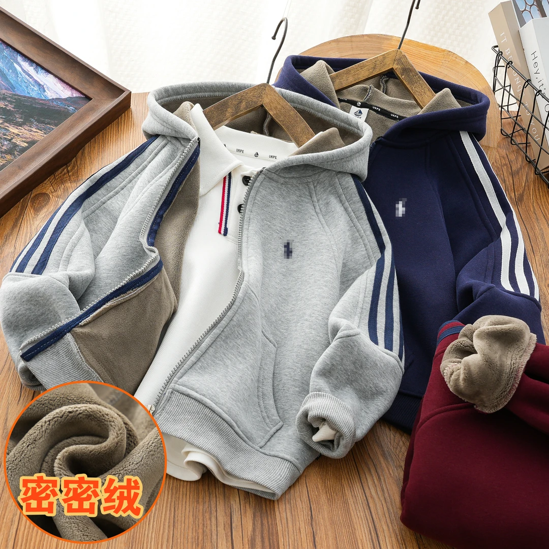 男童加绒连帽外套一体绒拉链帽衫秋冬装新款2024男孩保暖拉链衫潮