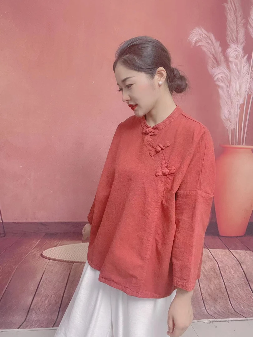 【流浪记莎莎】C8九儿复古休闲百搭红色上衣