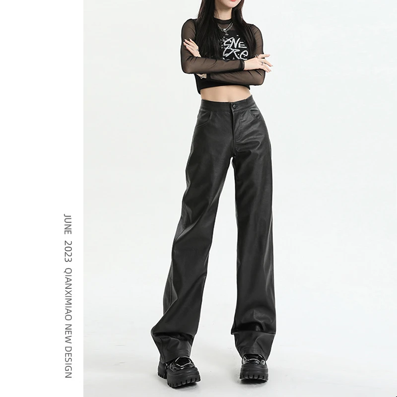 显瘦黑色皮裤女高腰直筒阔腿2025年新款休闲春秋夏季宽松pu皮裤子