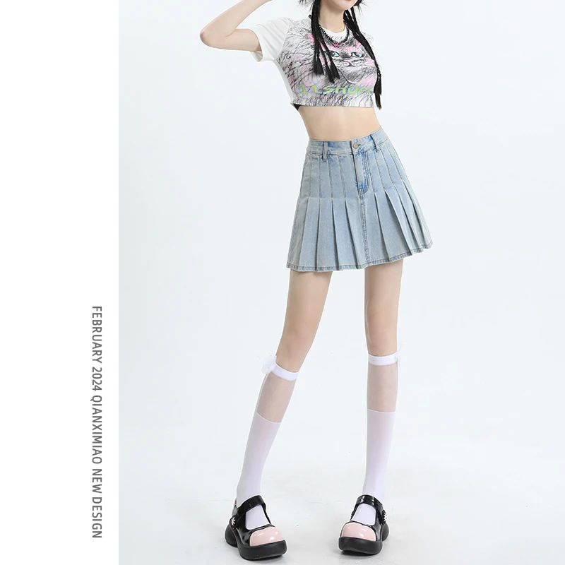 夏季薄款浅色高腰牛仔短裙女2024年新款辣妹显瘦a字百褶半身裙子