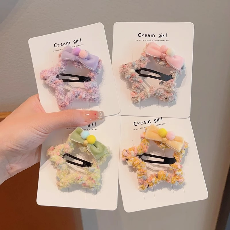 儿童秋冬毛绒五角星发夹女童刘海bb夹2025新款不伤发宝宝头饰发卡