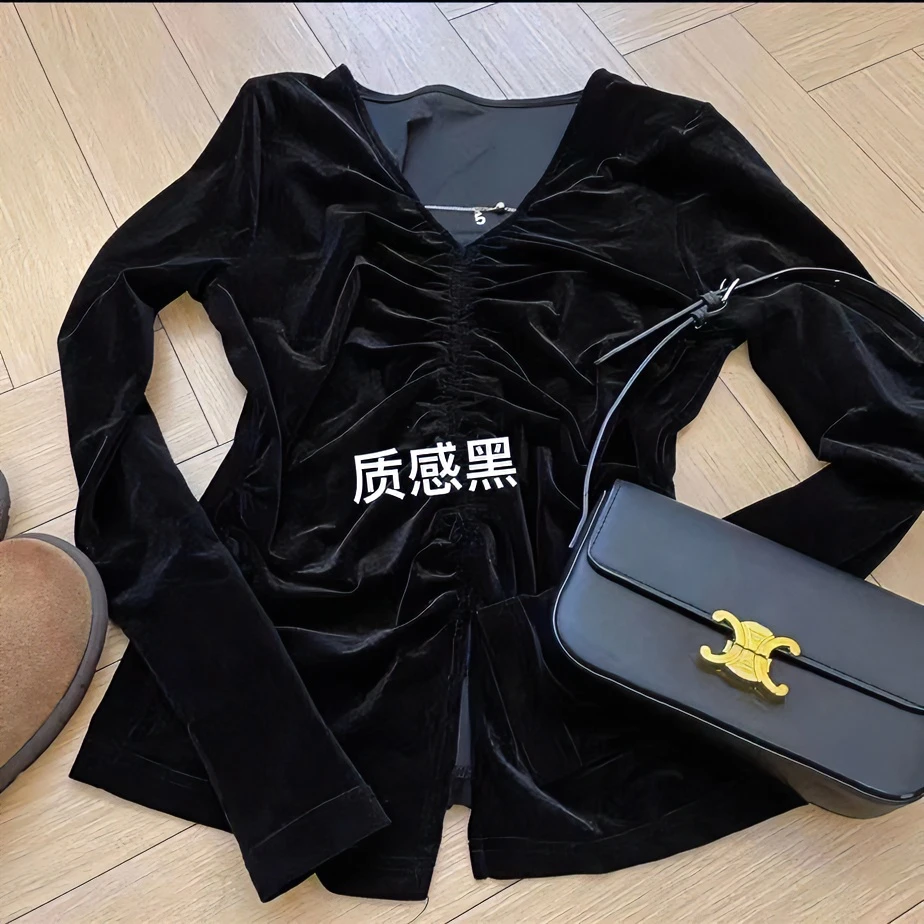 2023长袖小衫上衣女秋装褶皱法式丝绒时尚打底衫