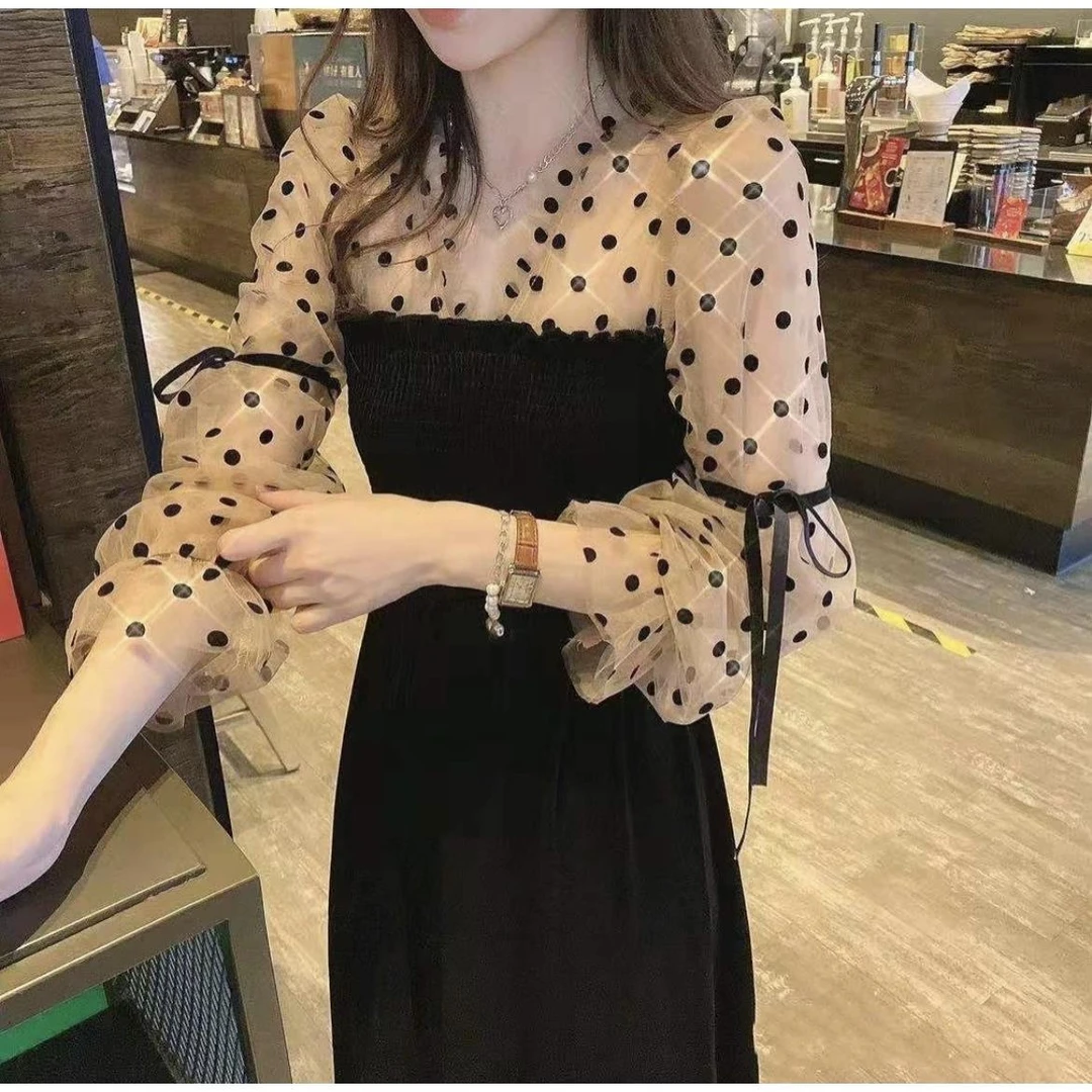 领连衣裙2024新款女设计感拼接波点网纱收腰显瘦丝绒长裙潮