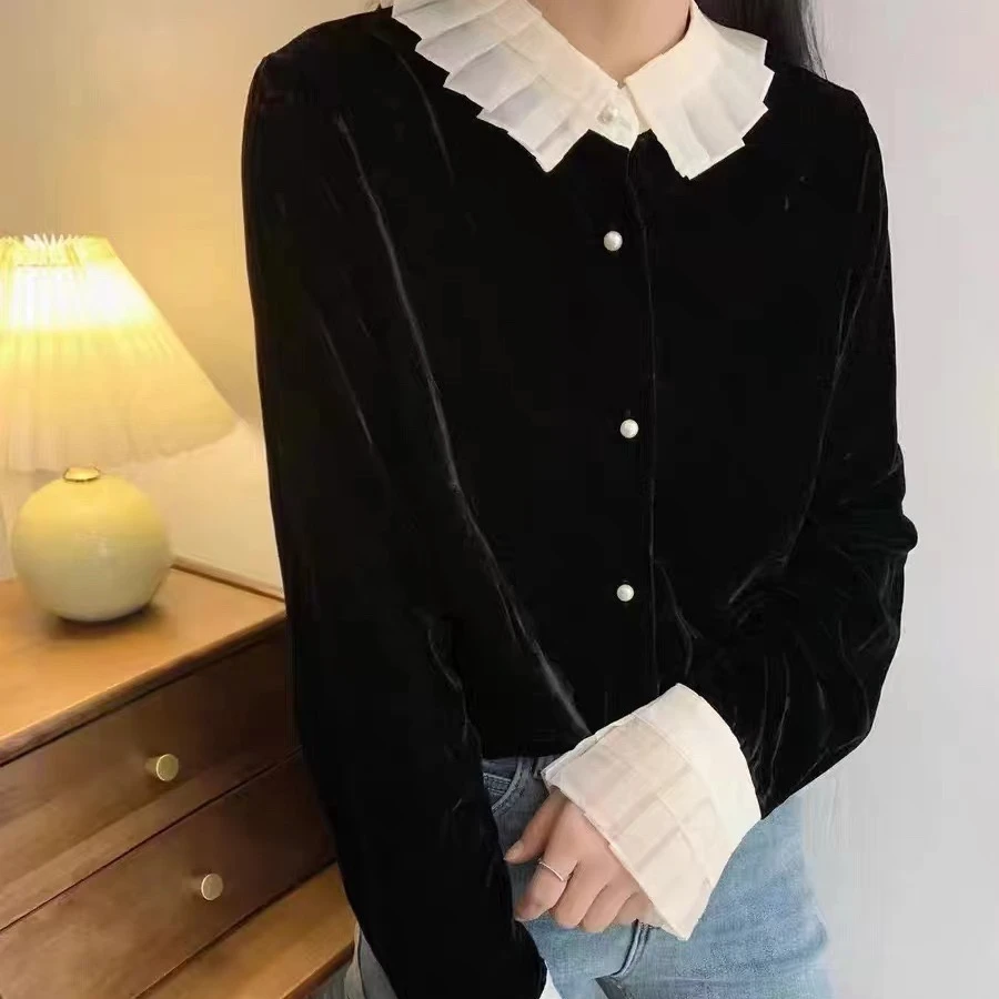 欧洲站2024新款黑色金丝绒衬衫女娃娃领减龄长袖上衣潮