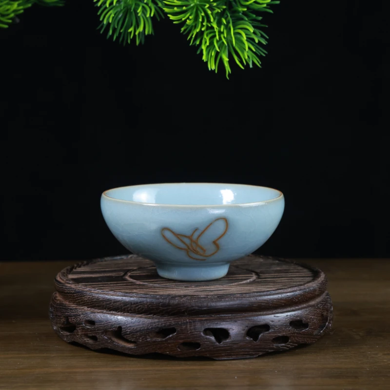 汝瓷手工蝴蝶杯陶瓷主人杯茶具手绘创意特色名窑茶杯茶盏单杯开片