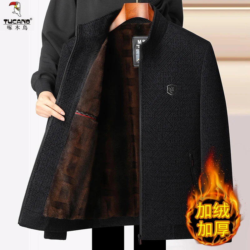 TUCANO/啄木鳥秋冬季保暖加厚休闲外套男中年加绒立领雪尼尔夹克