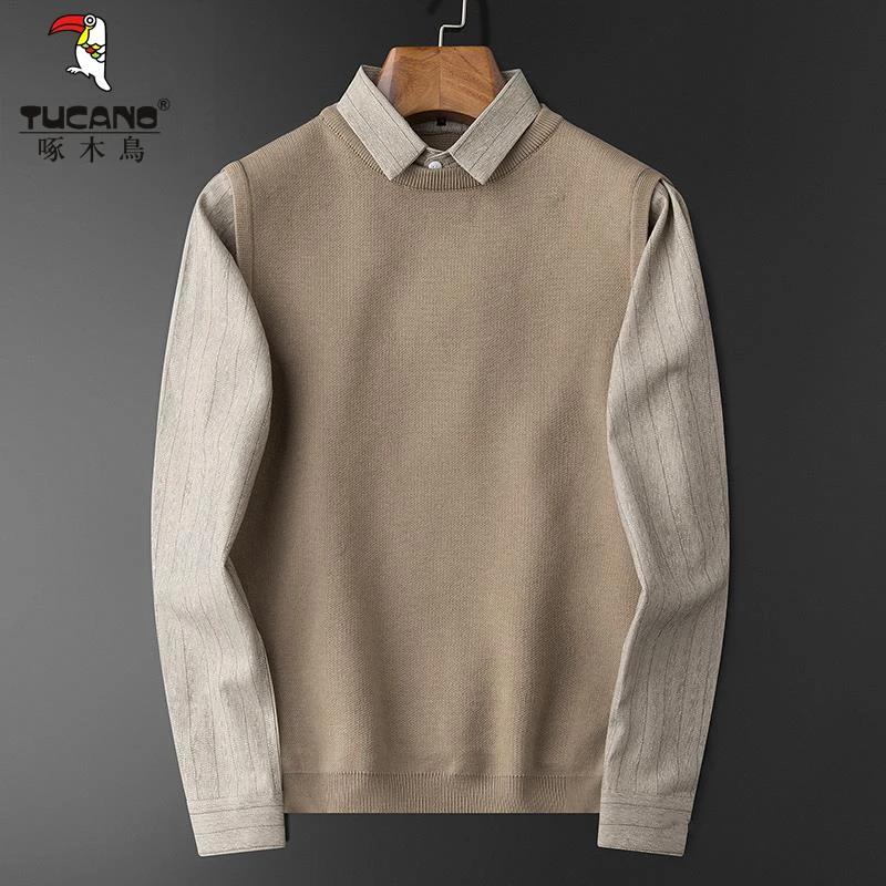 TUCANO/啄木鳥男毛衣秋冬翻领假两件休闲针织衫拼接撞色修身商务