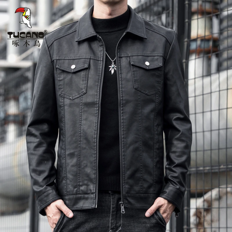 TUCANO/啄木鳥皮衣男翻领加绒皮外套潮流休闲高端皮夹克时尚外套