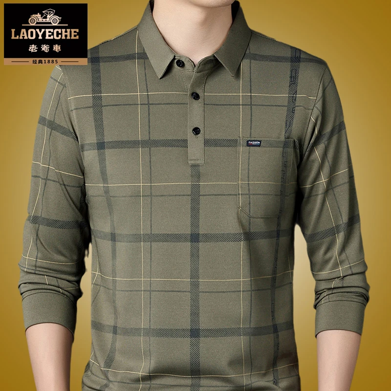 老爷车2024春季新款长袖T恤中年爸爸打底polo衫翻领格子休闲上衣