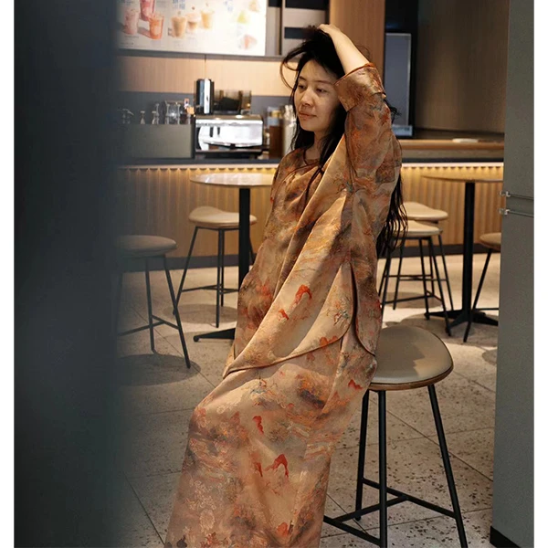 荷塘月色。新中式改良花萝宽松连衣裙国风复古文艺气质显瘦旗袍裙