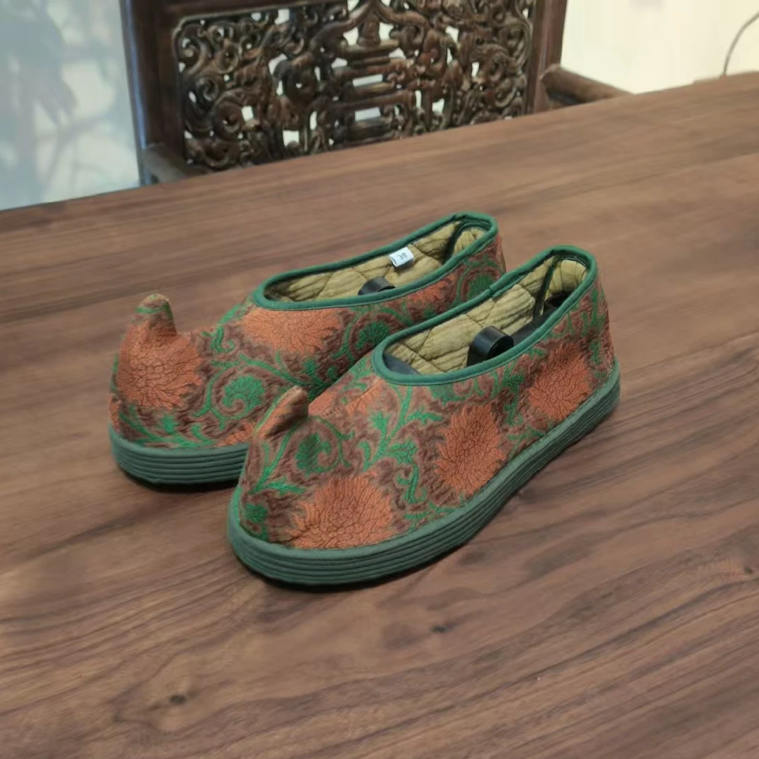 独角兽  古朴翘头鞋手工千层底棉鞋色织红云纱冬季纯手工舒适透气