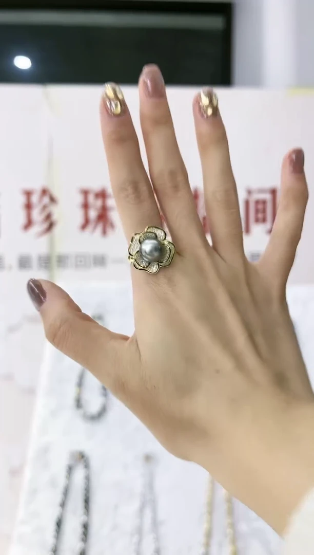 【闪购商品】海水珍珠戒指银S925镶嵌大溪地山茶花戒指