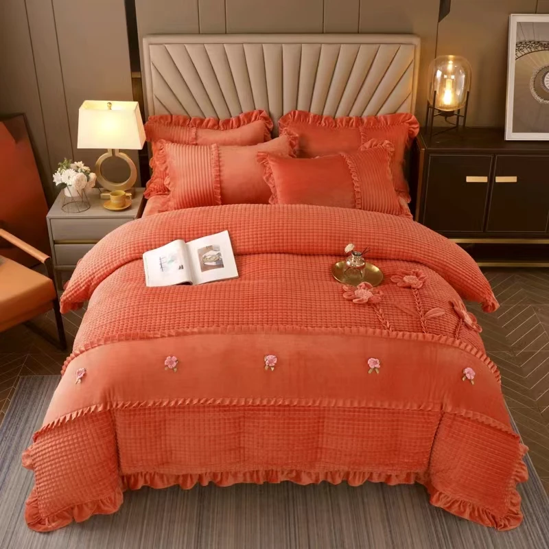 加厚夹棉宝宝绒盘花工艺水晶绒四件套加绒-2柔软绒面奶绒双面绗缝