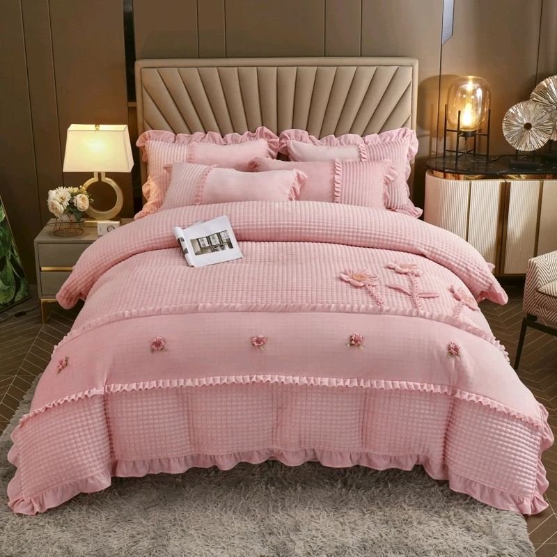 防滑加厚夹棉宝宝绒牛奶绒被套被罩床裙床上用品盘花工艺四件套-7