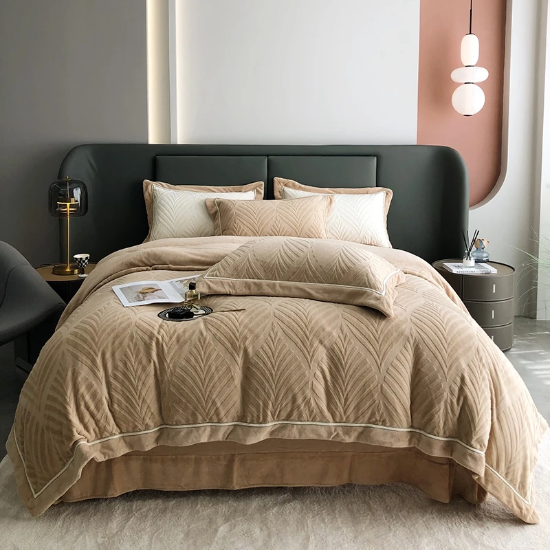 JN-A类冬季绵绵牛奶绒雕花款床笠四件套