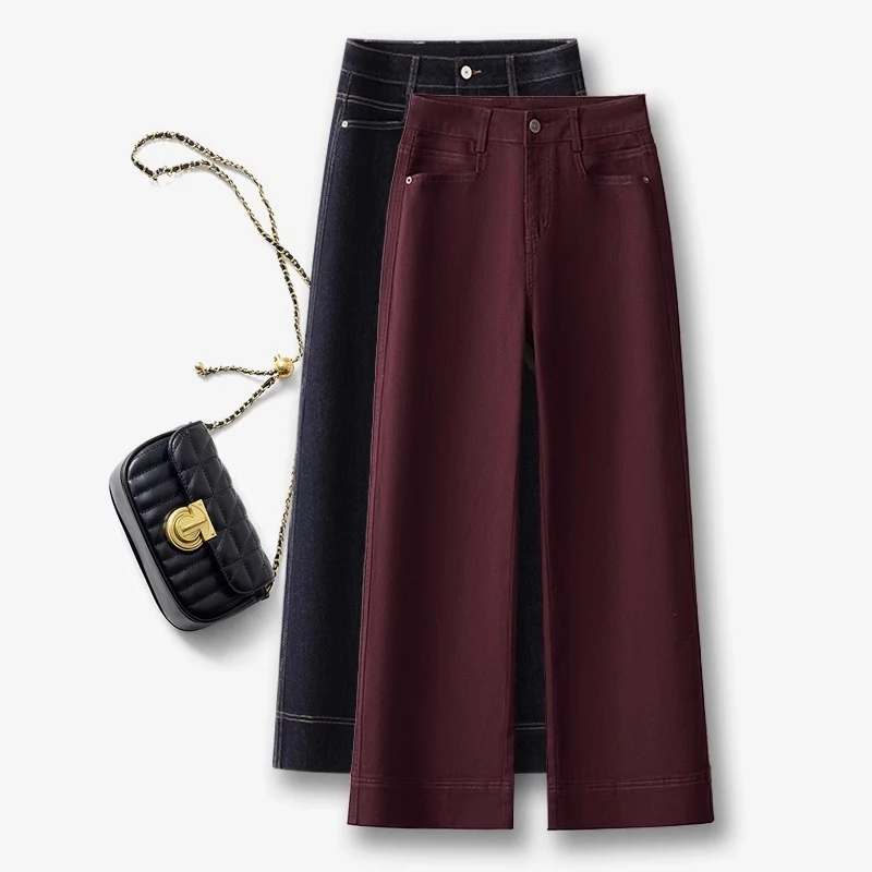 安哥拉红春秋季牛仔阔腿裤女2025爆款高端时尚复古深色直筒长裤子