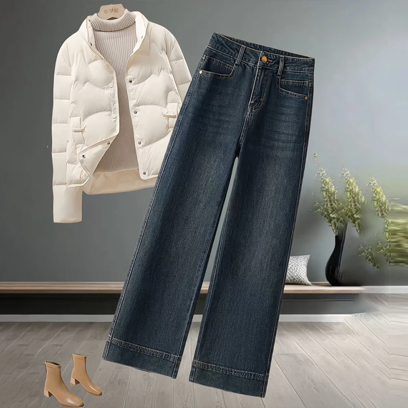 窄版复古牛仔裤女款2025爆款秋冬季加绒直筒宽松垂感小个子阔腿裤