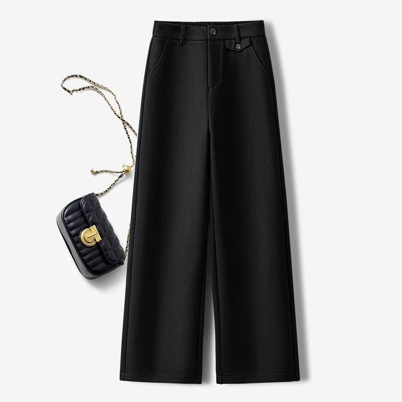 黑色毛呢阔腿裤女秋冬2024新款高腰窄版九分裤加绒加厚直筒九分裤