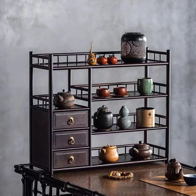 桌面60长带抽屉博古架楠竹复古紫砂壶展示架