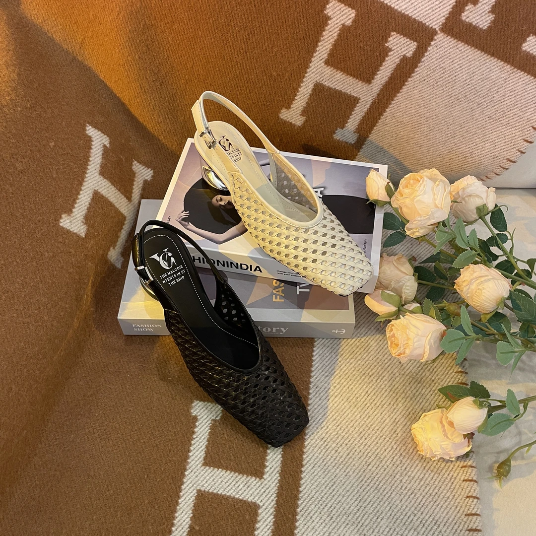 范戈希牛羊皮4CM气质时尚百搭女士夏季春夏方头凉鞋浅口买1赠3