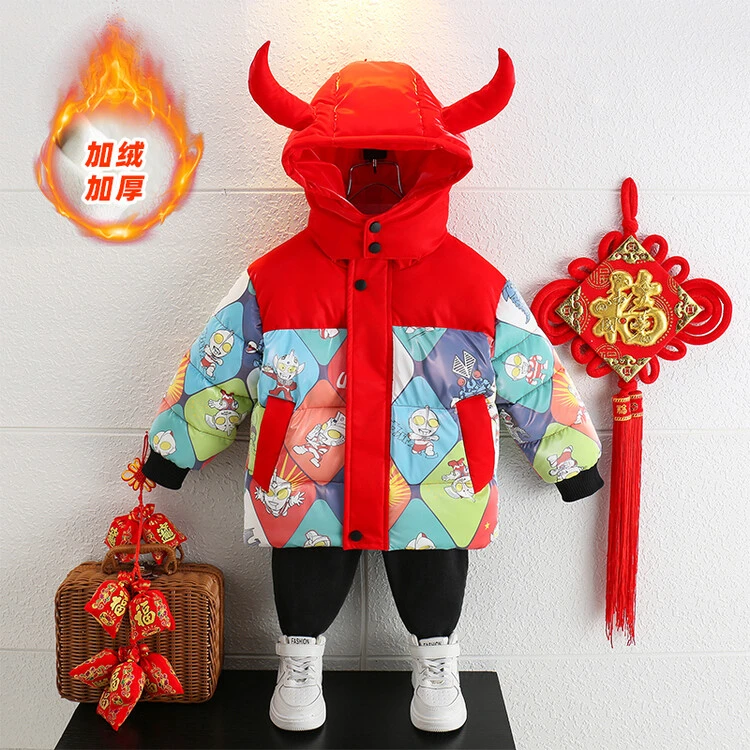 童装男童洋气时尚宝宝连帽棉服加厚秋冬季婴儿男宝保暖奥特曼冬款