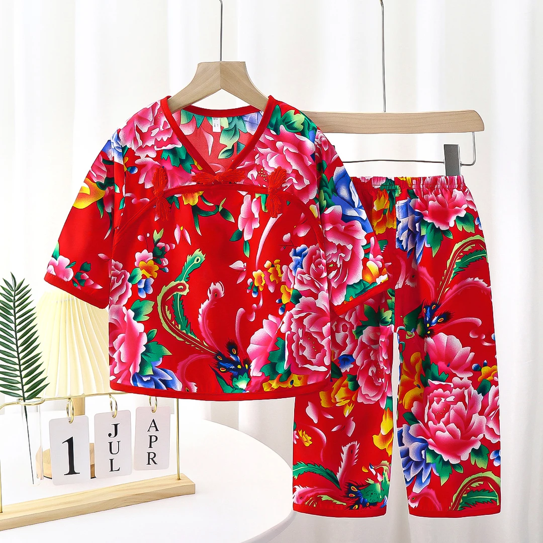 宝宝网红东北大花套装夏季衣服女童薄款民族风女孩衣服宝宝空调服