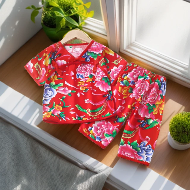 汉服女童套装棉绸夏季绵绸空调服短袖两件套外穿宝宝七分裤睡衣套