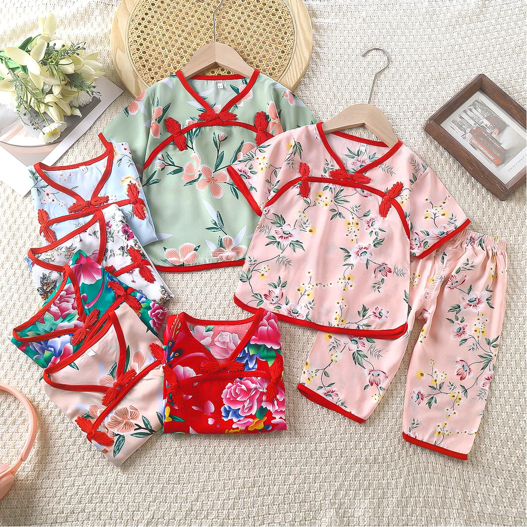 儿童空调服薄款棉绸女童两件套家居服宝宝短袖睡衣婴儿夏装套装