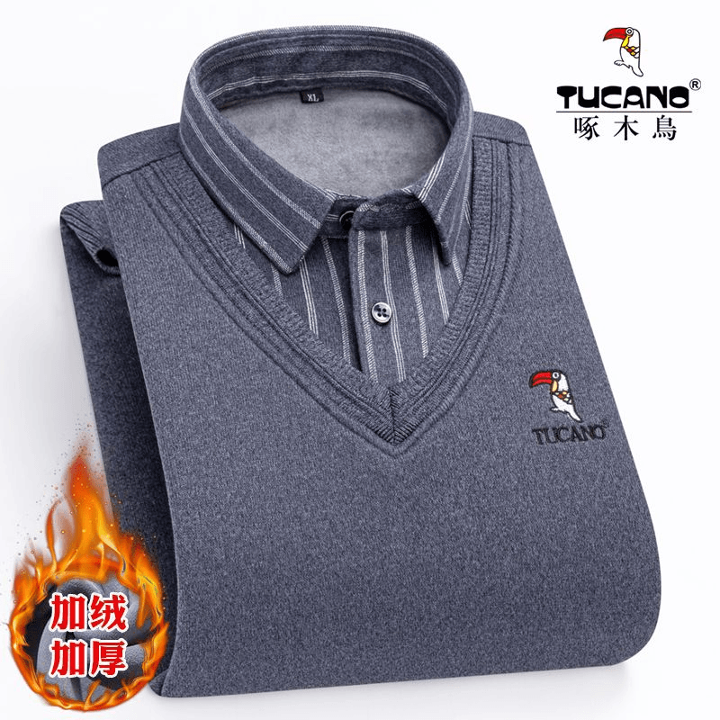 啄木鸟冬装假两件毛衣男士加绒加厚针织打底衫中青年大码保暖上衣