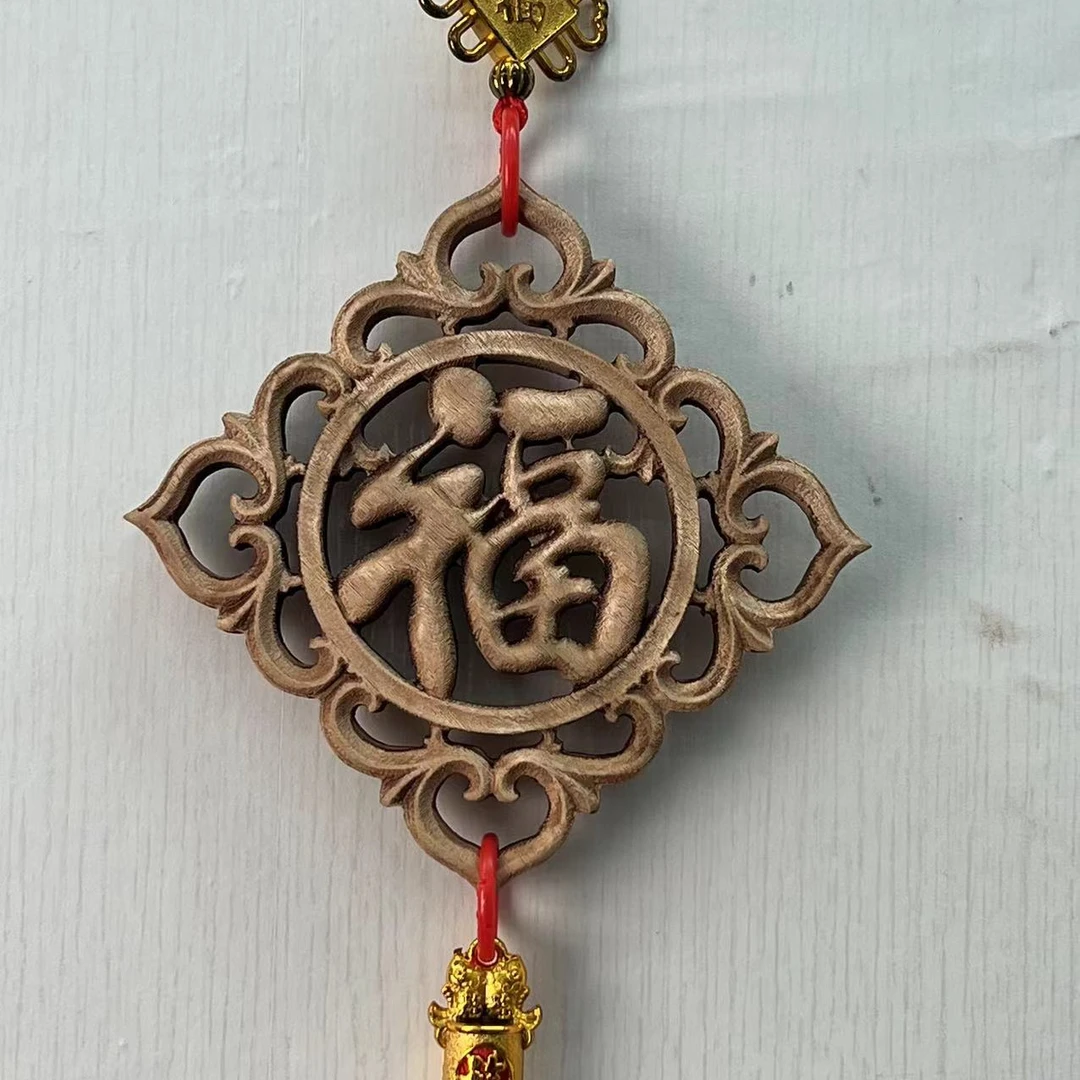 16菱形平安福（对角16cm）东阳木雕香樟木无漆无蜡挂件（带流苏）