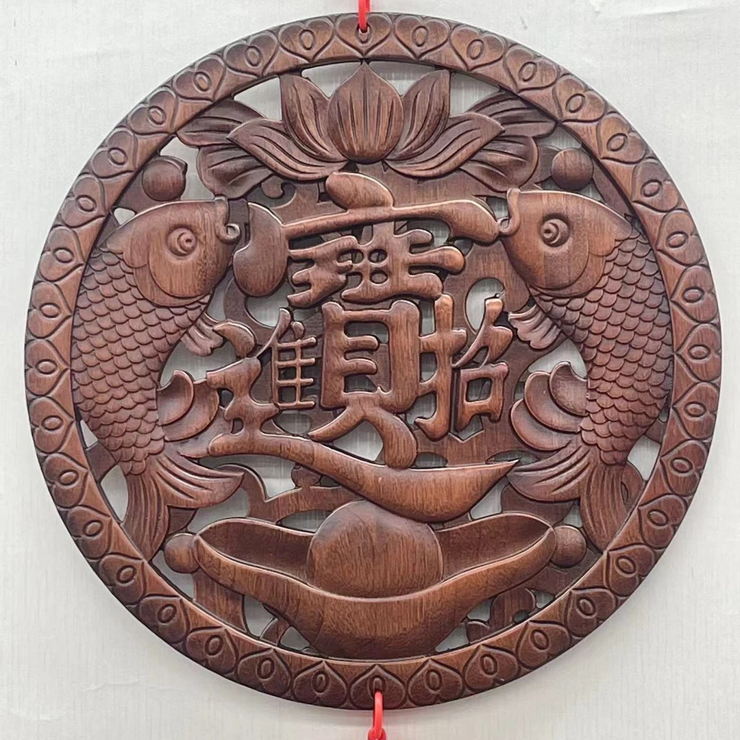 东阳木雕  直径 38cm 招财进宝 香樟木 实木雕刻挂件
