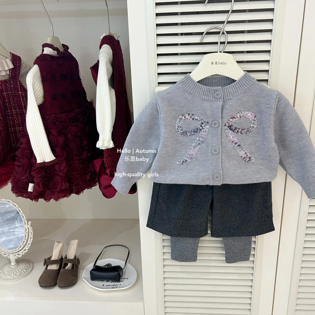 【乐恩童装】女童冬季过年服蝴蝶结加厚毛衣开衫假两件呢子裤两件套
