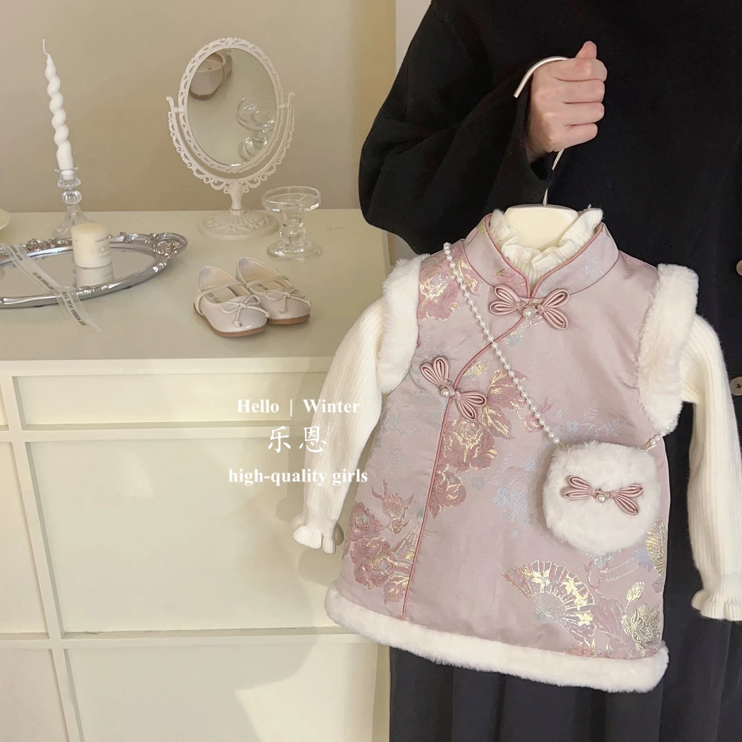 【乐恩童装】女童拜年服儿童新年衣服过年周岁礼服宝宝国风背心裙子