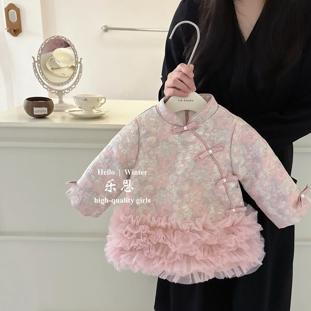 乐恩童装手作高定国风汉服双面提花女宝宝网纱拼接旗袍夹棉连衣裙