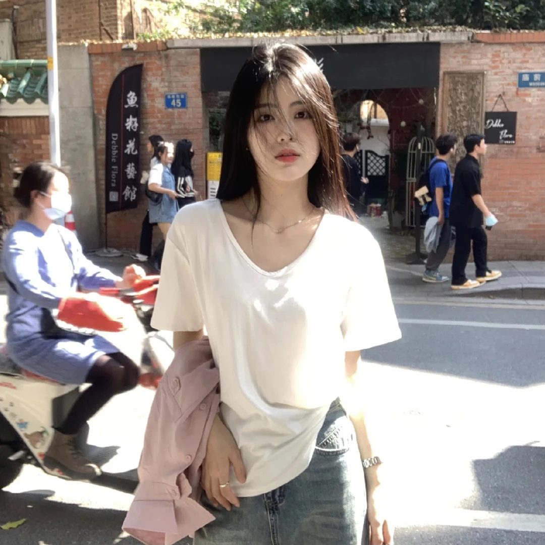 全额运补【两件装】纯色大领口短袖t恤女宽松休闲显瘦内搭V领打底衫