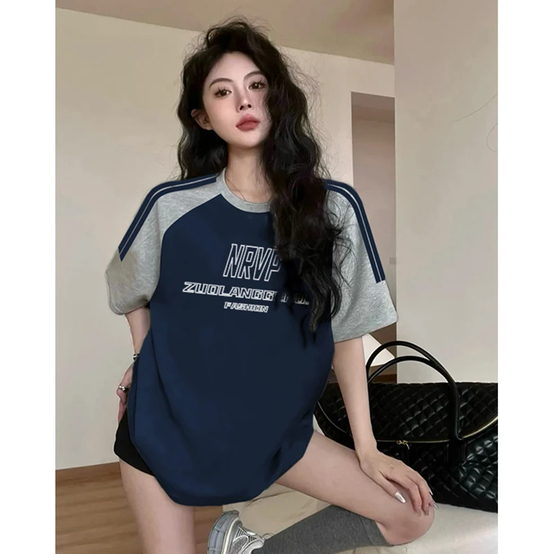 佐朗格奴/三杠设计拼接高级感上衣插肩新款宽松复古T恤女纯棉短袖