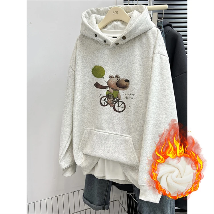 佐朗格奴卡通创意小众印花长袖厚冬天保暖加绒纽扣设计连帽卫衣女