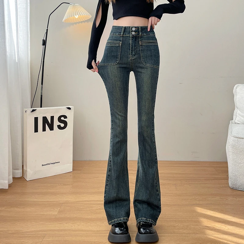 1215牛仔女弹力收腹高腰提臀裤子显瘦显腿长双排扣马蹄喇叭裤女孩