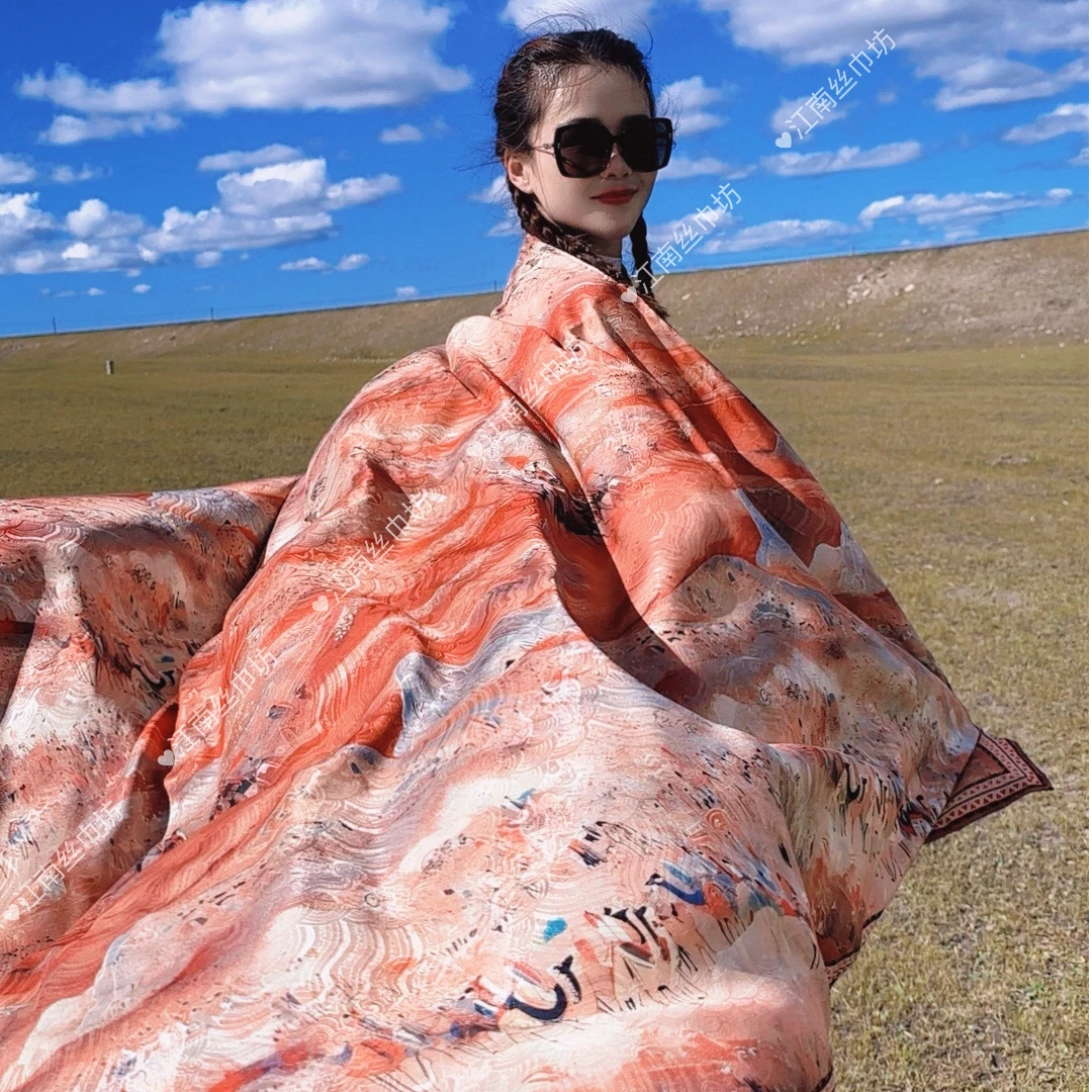 【昭君出塞】香云花萝围巾提花手工卷边140CM方巾气质披肩