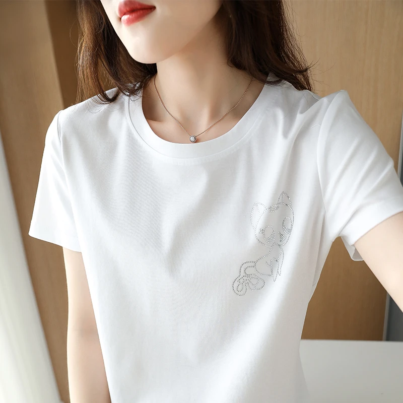 小狐狸烫钻丝光纯棉光泽感圆领短袖T恤女夏季纯白色打底衫半袖