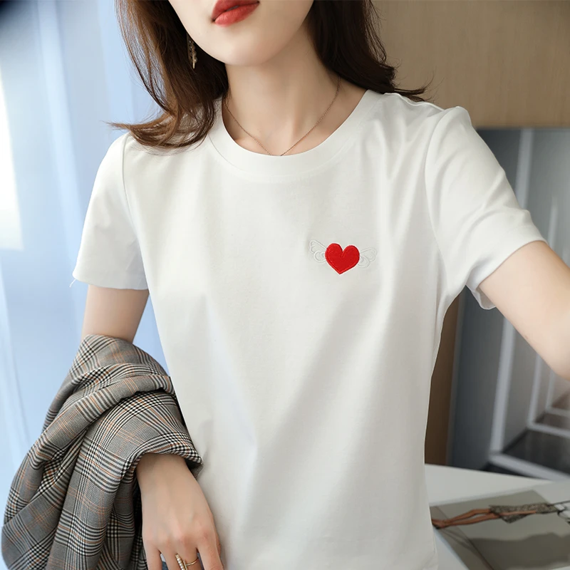 红心图案刺绣丝光纯棉光泽感圆领短袖T恤女夏季纯白色打底衫半袖