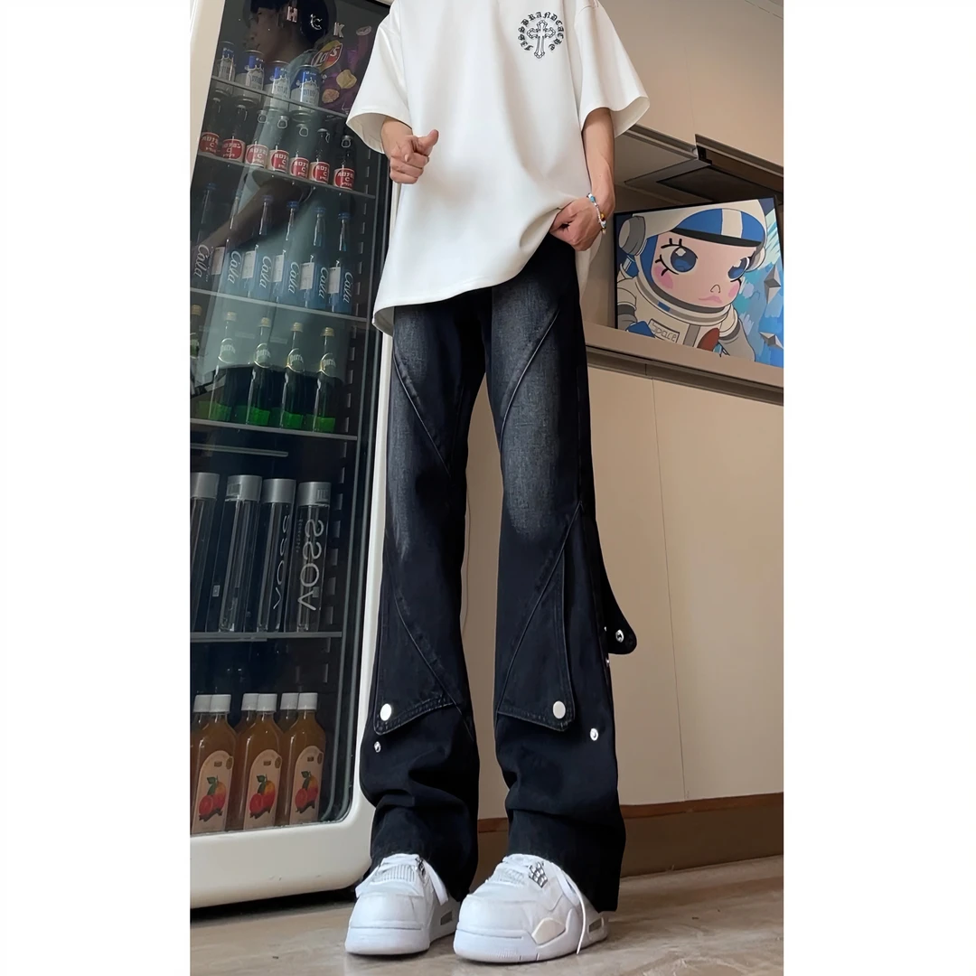 美式潮流牛仔裤男生夏季青少年高街宽松休闲百搭拼接设计感直筒裤